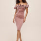 Pink Dust Off-Shoulder Foiled Velour Sheath Dress - Woman Wearing Ruffle Rosette Evening Dress - Le Chateau