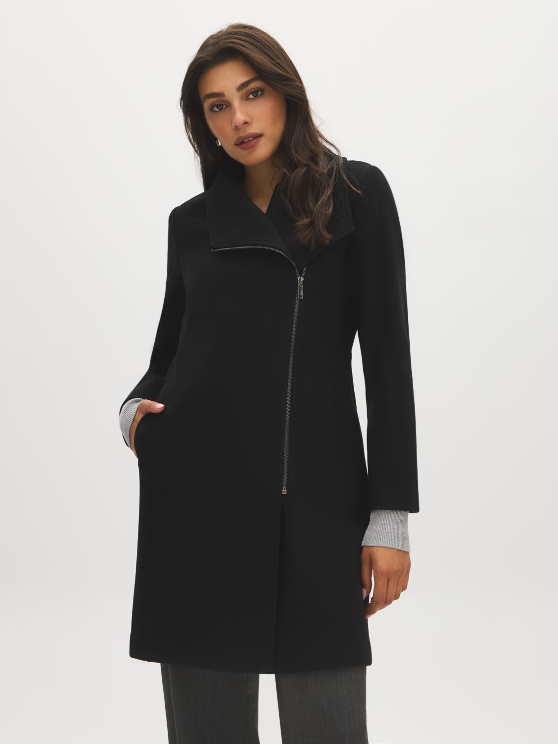 Black Asymmetrical Zip Front Faux Wool Coat - Woman Wearing Mid-Length High Collar Coat - Suzy Shier