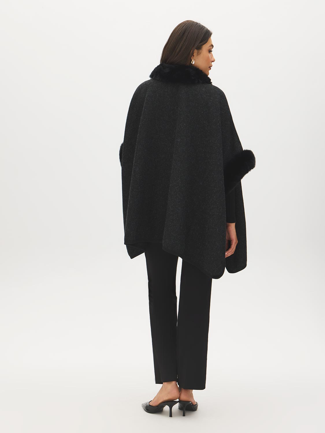Black Knit Cape with Faux Fur Trim - Back View - Suzy Shier