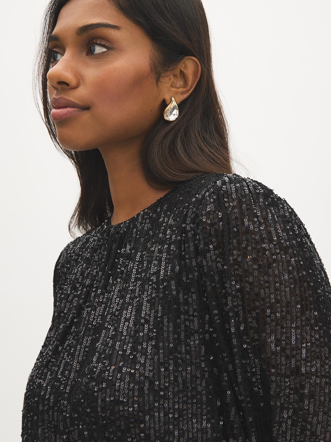 Black Sequin Top with Balloon Sleeves - Close-up Fabric Detail - Suzy Shier