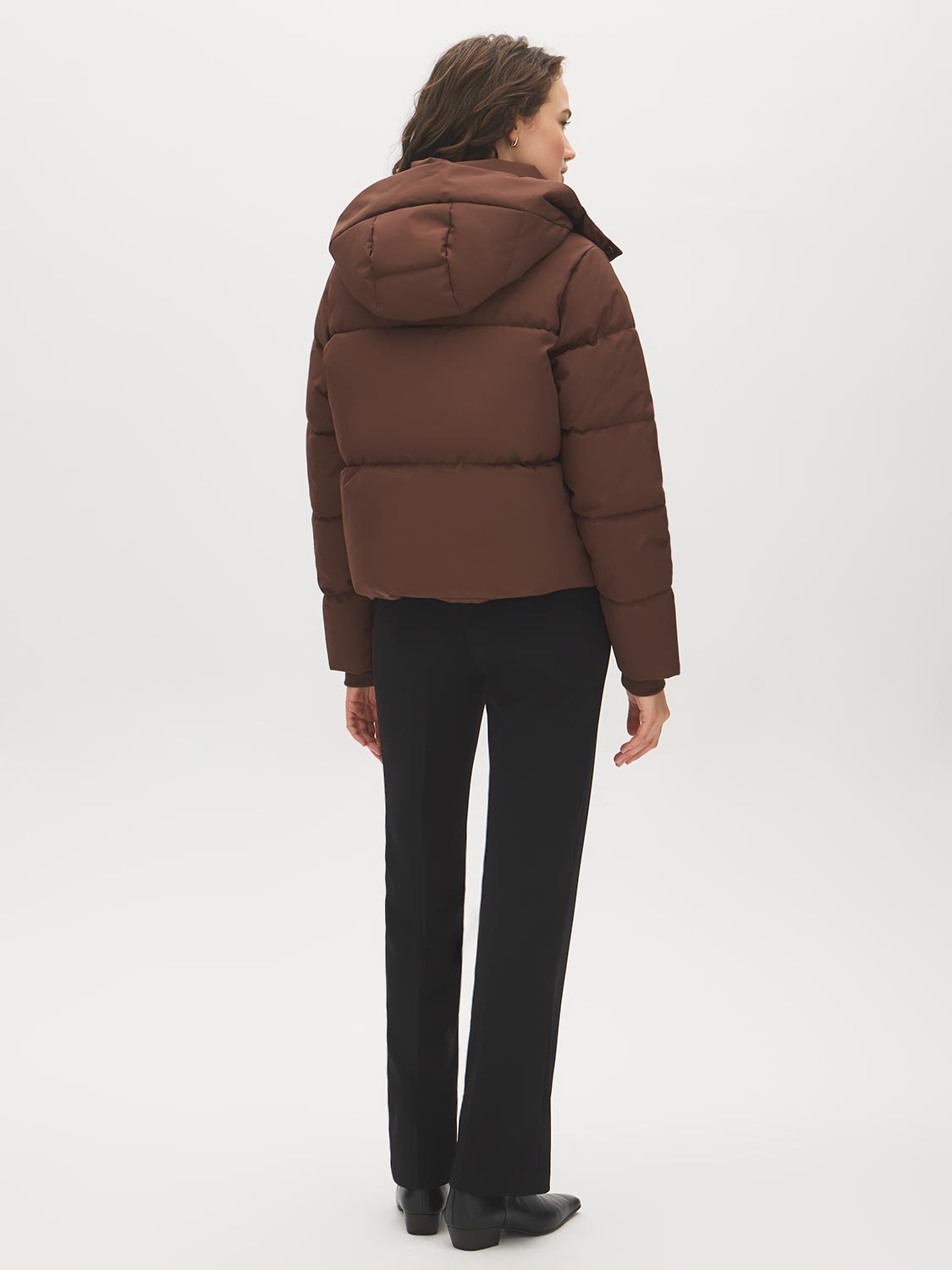 Brown Utility Puffer Jacket with Hood - Back View - Suzy Shier