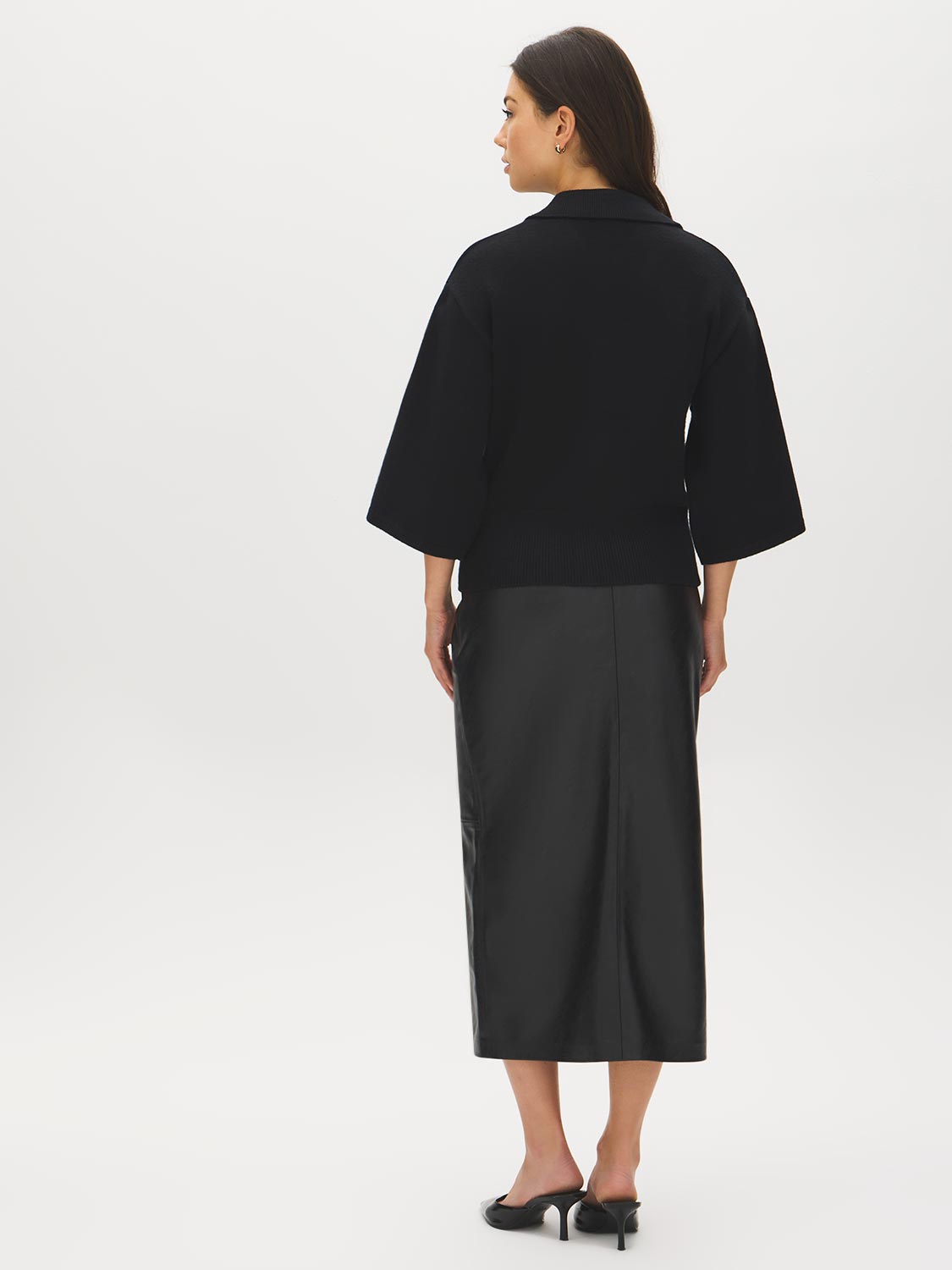 Black Button-Front Knit Sweater with Collar - Back View - Suzy Shier