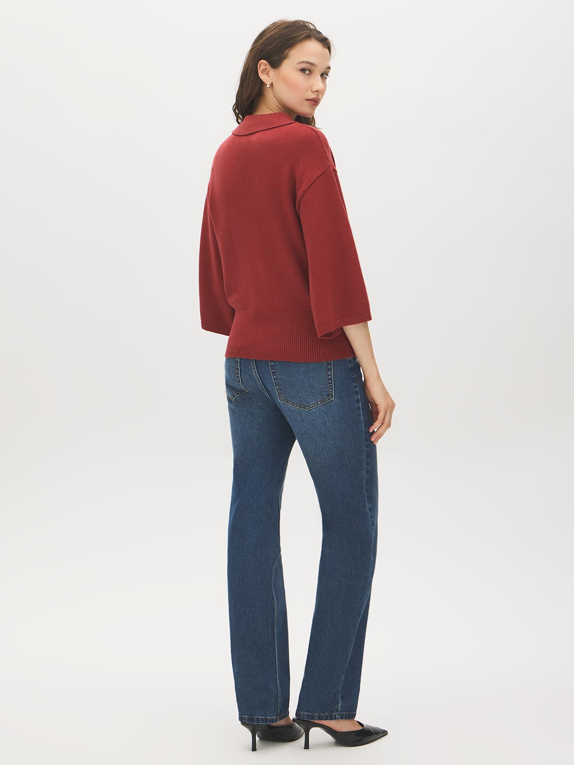 Rosewood Collared Button-Front Sweater with 3/4 Sleeves - Back View - Suzy Shier