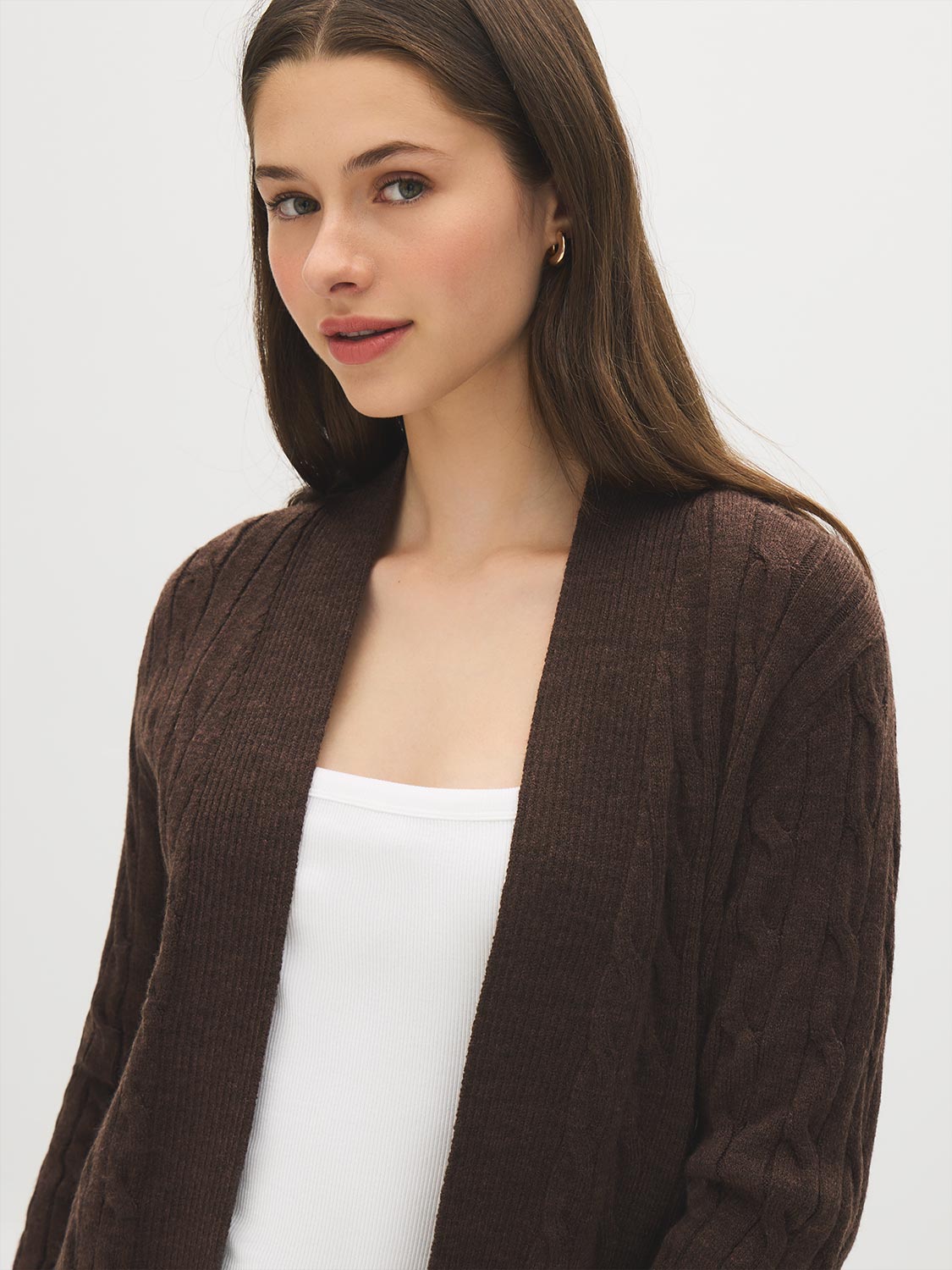 Dolphin Melange Long Cable Knit Open Cardigan - Alternate Color Close-up Front View - Suzy Shier