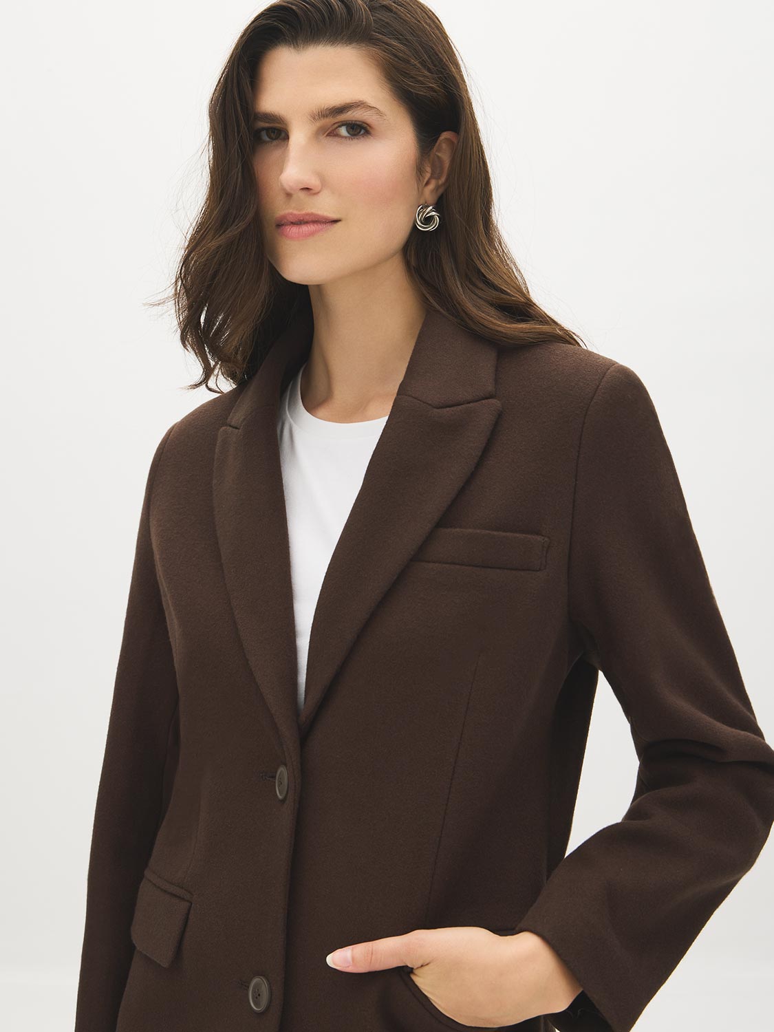 Brown Single-Breasted Wool Blend Long Coat - Front Detail - Suzy Shier