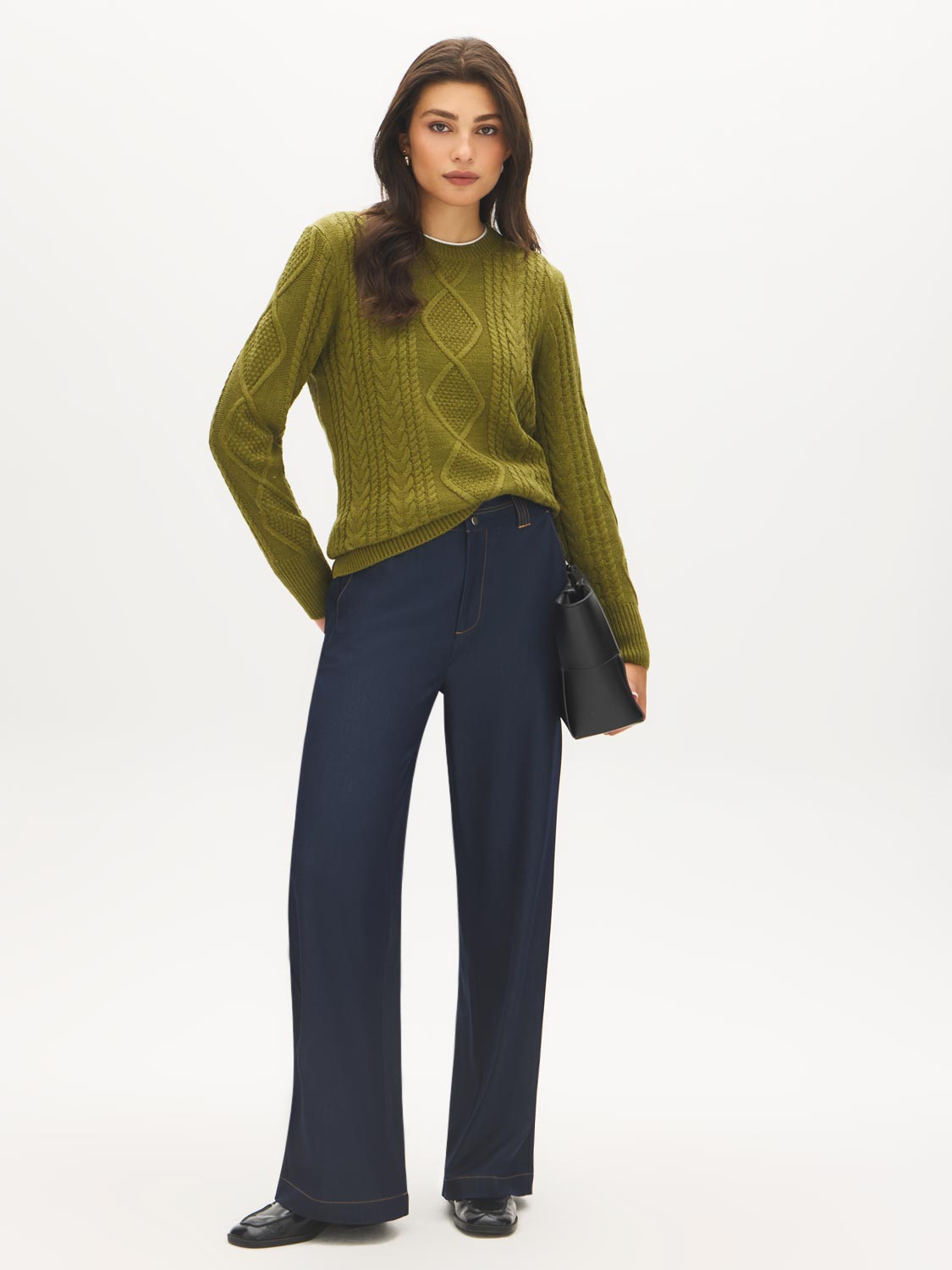 Pistachio Melange Cable Knit Crew Neck Sweater - Front View - Suzy Shier