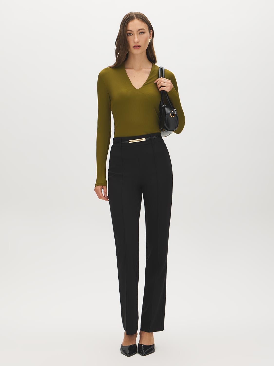 Guacamole Ribbed Deep V-Neck Long Sleeve Top - Front View - Suzy Shier