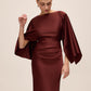 Brick Satin Boat Neck Sheath Dress - Side Profile View - Le Chateau