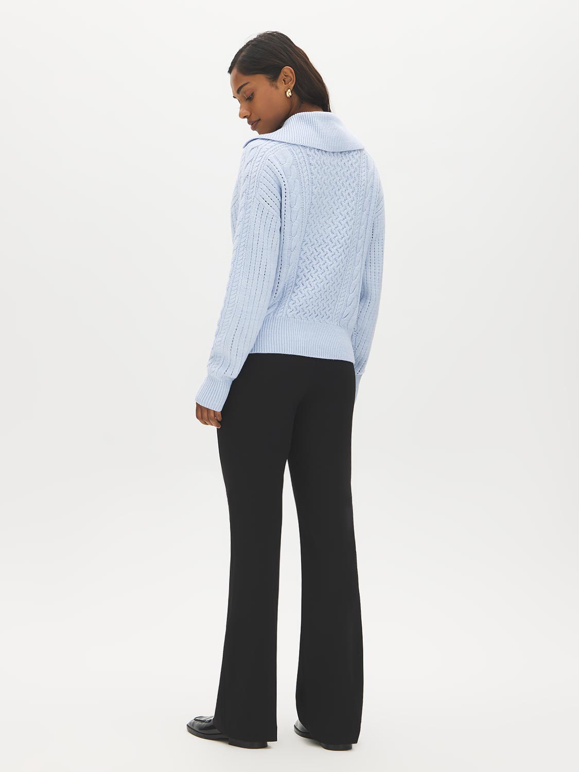 Sky Melange Quarter Zip Cable Knit Sweater - Back View - Suzy Shier