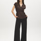 Coffee Bean Kimono Wrap Blouse with Waist Tie - Side Profile View - Suzy Shier