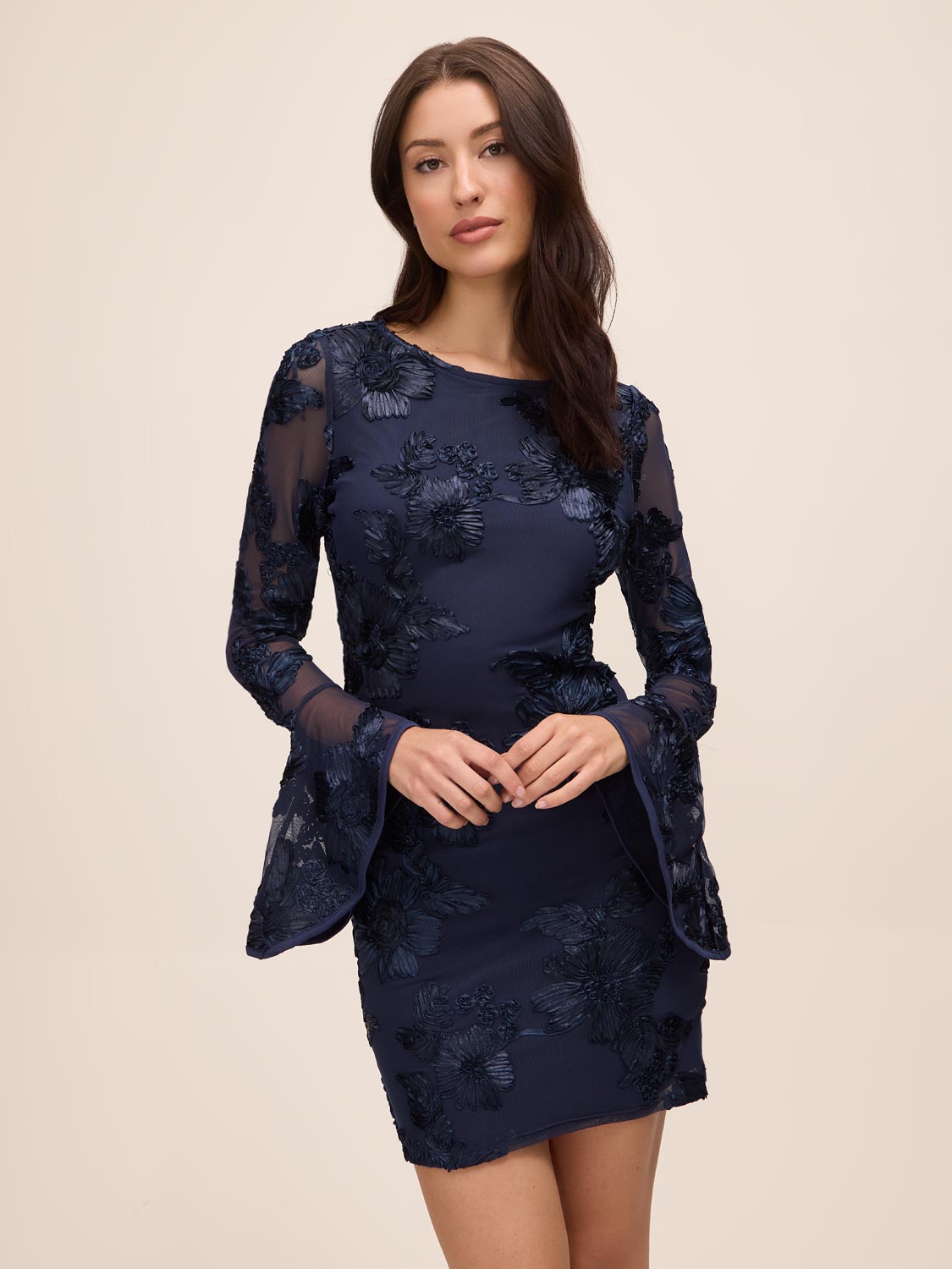 Midnight Blue Soutache on Mesh Pop-Over Mini Dress - Front View - Le Chateau