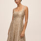 Gold Sequin Fit & Flare Midi Dress with Pleating - Front View - Le Chateau