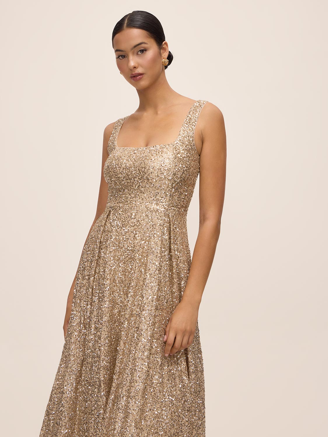 Gold Sequin Fit & Flare Midi Dress with Pleating - Front View - Le Chateau