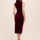 Burgundy Velour Draped Cowl Neck Sheath Dress - Back View - Le Chateau