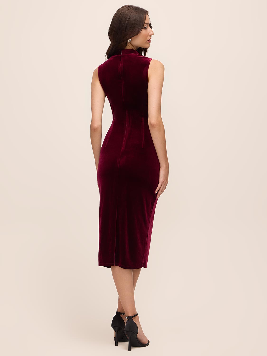 Burgundy Velour Draped Cowl Neck Sheath Dress - Back View - Le Chateau