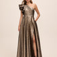 Antique Gold Jacquard One-Shoulder Ruffle Ballgown - Woman Wearing Elegant Evening Dress - Le Chateau