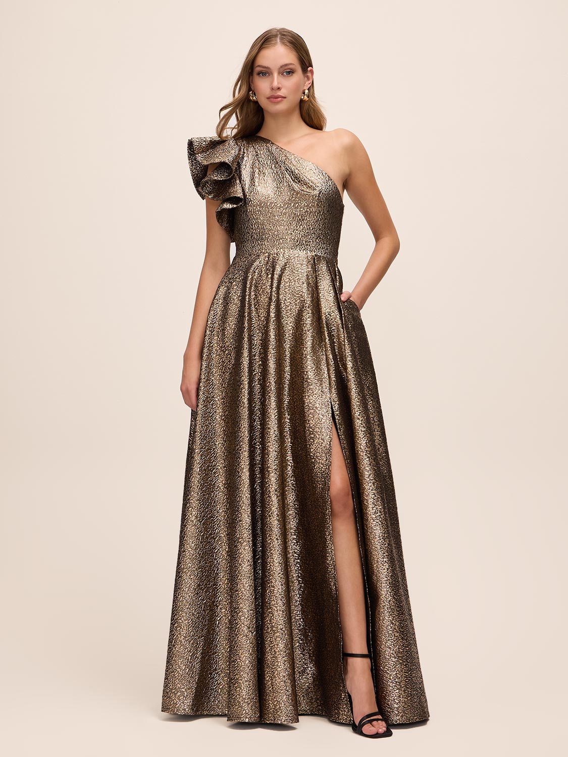 Antique Gold Jacquard One-Shoulder Ruffle Ballgown - Woman Wearing Elegant Evening Dress - Le Chateau