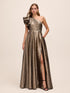 Antique Gold Jacquard One-Shoulder Ruffle Ballgown - Woman Wearing Elegant Evening Dress - Le Chateau