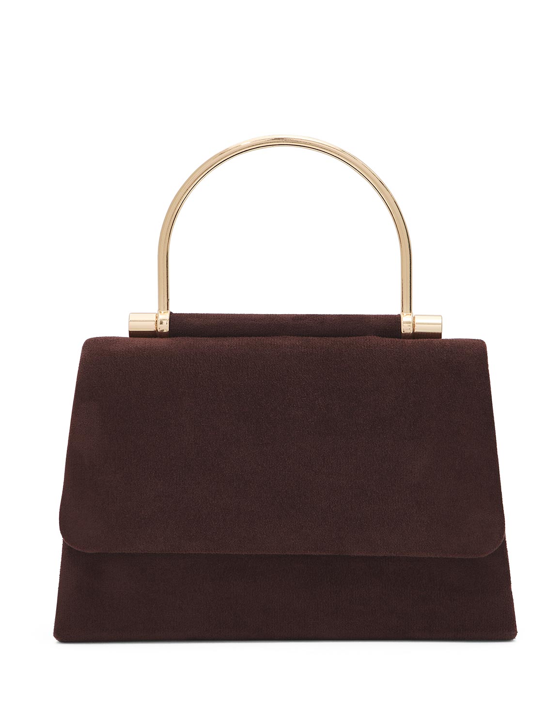 Dark Brown Woven Faux Suede Bag with Gold Top Handle - Structured Evening Bag - Le Chateau