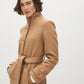 Camel Faux Wool Funnel Neck Coat with Wrap Belt - Side Profile View - Suzy Shier