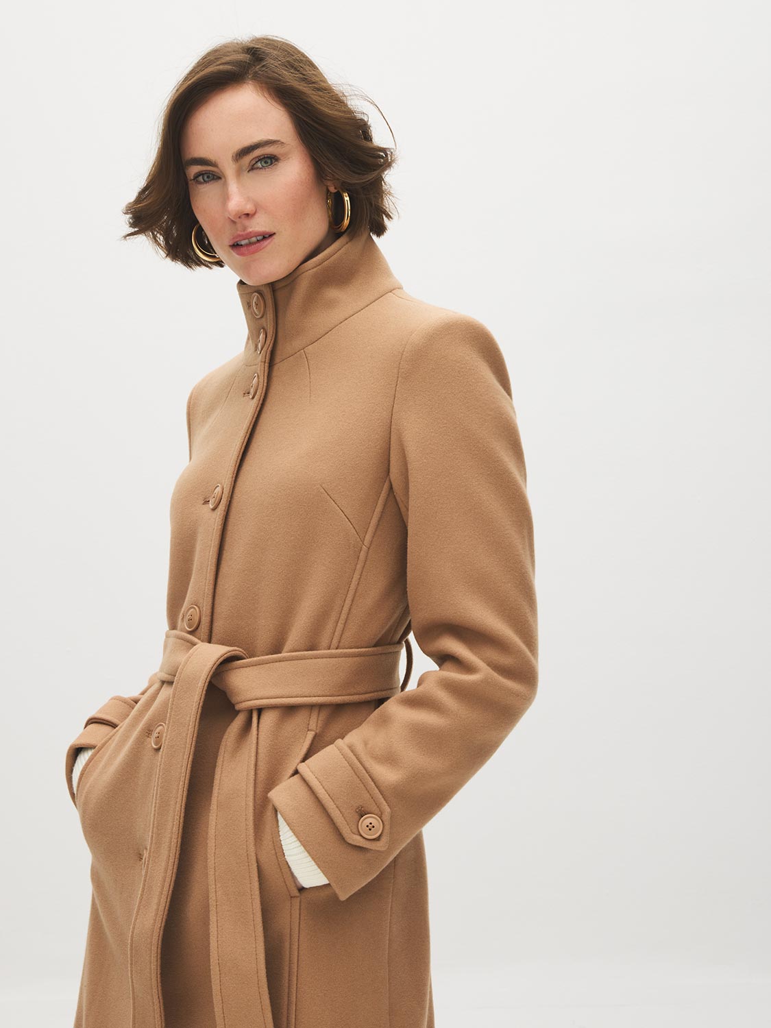 Camel Faux Wool Funnel Neck Coat with Wrap Belt - Side Profile View - Suzy Shier