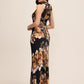 Black/Mocha Floral Satin Gown - Woman Wearing Sleeveless Mock Neck Evening Dress - Le Chateau