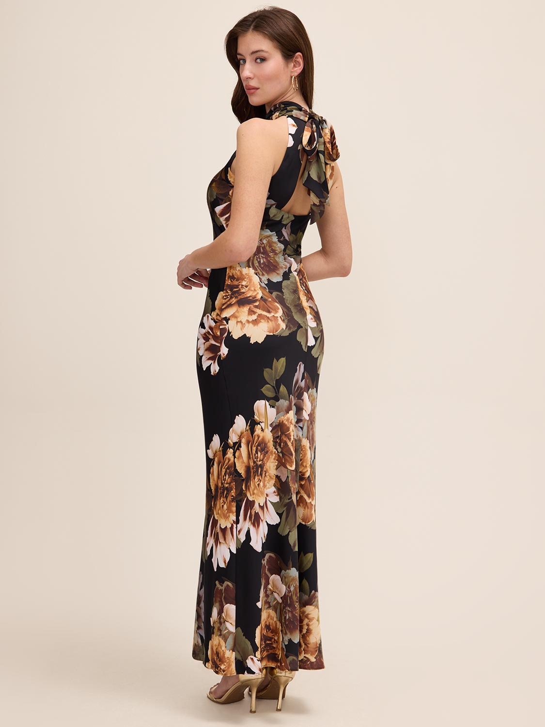 Black/Mocha Floral Satin Gown - Woman Wearing Sleeveless Mock Neck Evening Dress - Le Chateau