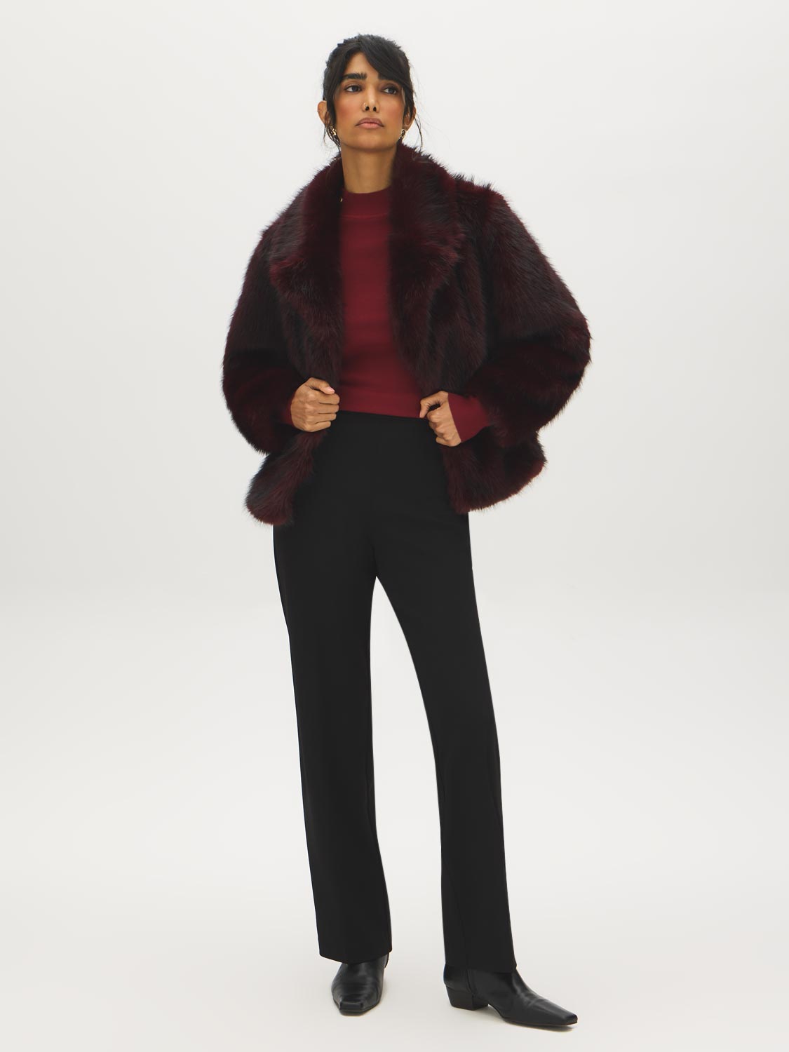 Brown Faux Fur Coat with Leather Detail - Alternate Color Side Profile View - Suzy Shier