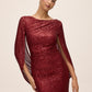 Burgundy Sequin Mesh Gown with Cape - Side Profile View - Le Chateau