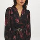 Jet Black Floral Print Chiffon Dress with Asymmetrical Skirt - Front Detail View - Suzy Shier