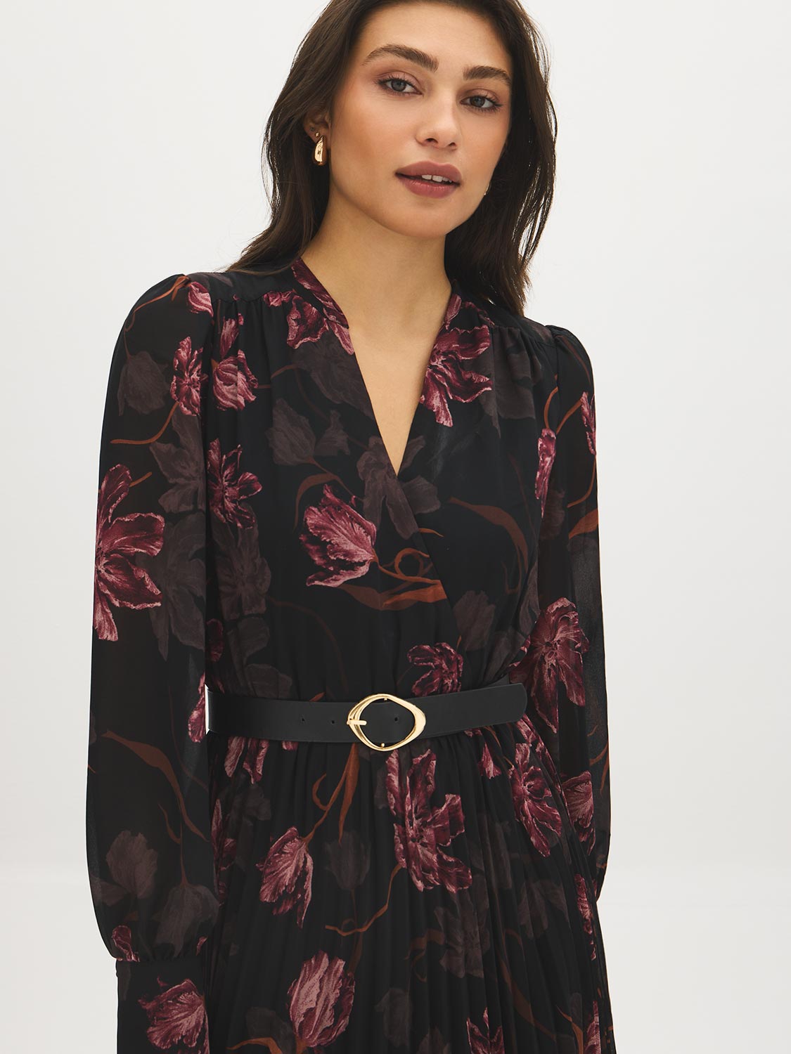 Jet Black Floral Print Chiffon Dress with Asymmetrical Skirt - Front Detail View - Suzy Shier
