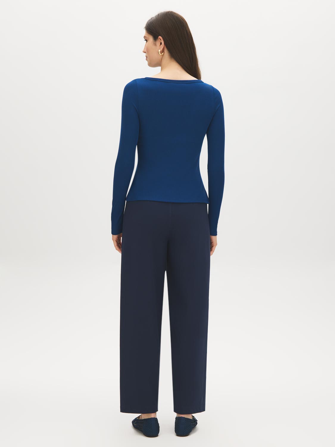 Estate Blue Ribbed Boat Neck Top with Button Front - Back View - Suzy Shier