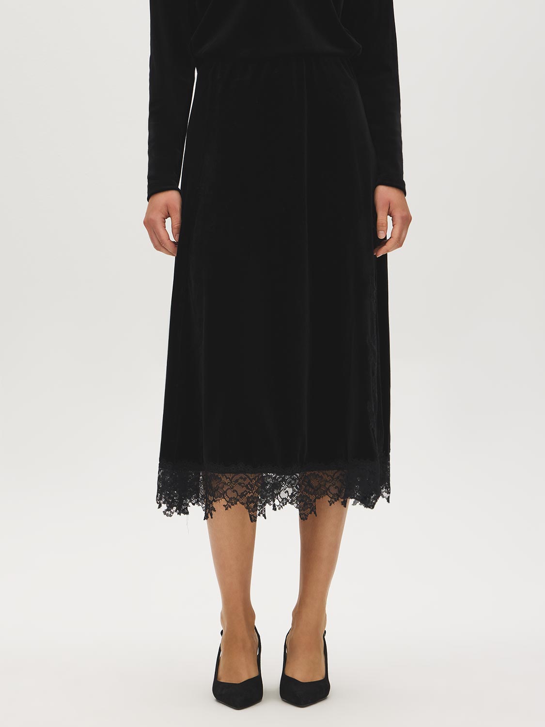 Black Lace Trim Velour Skirt with Front Slit - Front View - Suzy Shier