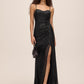 Black Sequin Mesh Gown with Bustier Upper - Woman Wearing Floor-Length Evening Dress with Side Slit - Le Chateau