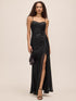 Black Sequin Mesh Gown with Bustier Upper - Woman Wearing Floor-Length Evening Dress with Side Slit - Le Chateau