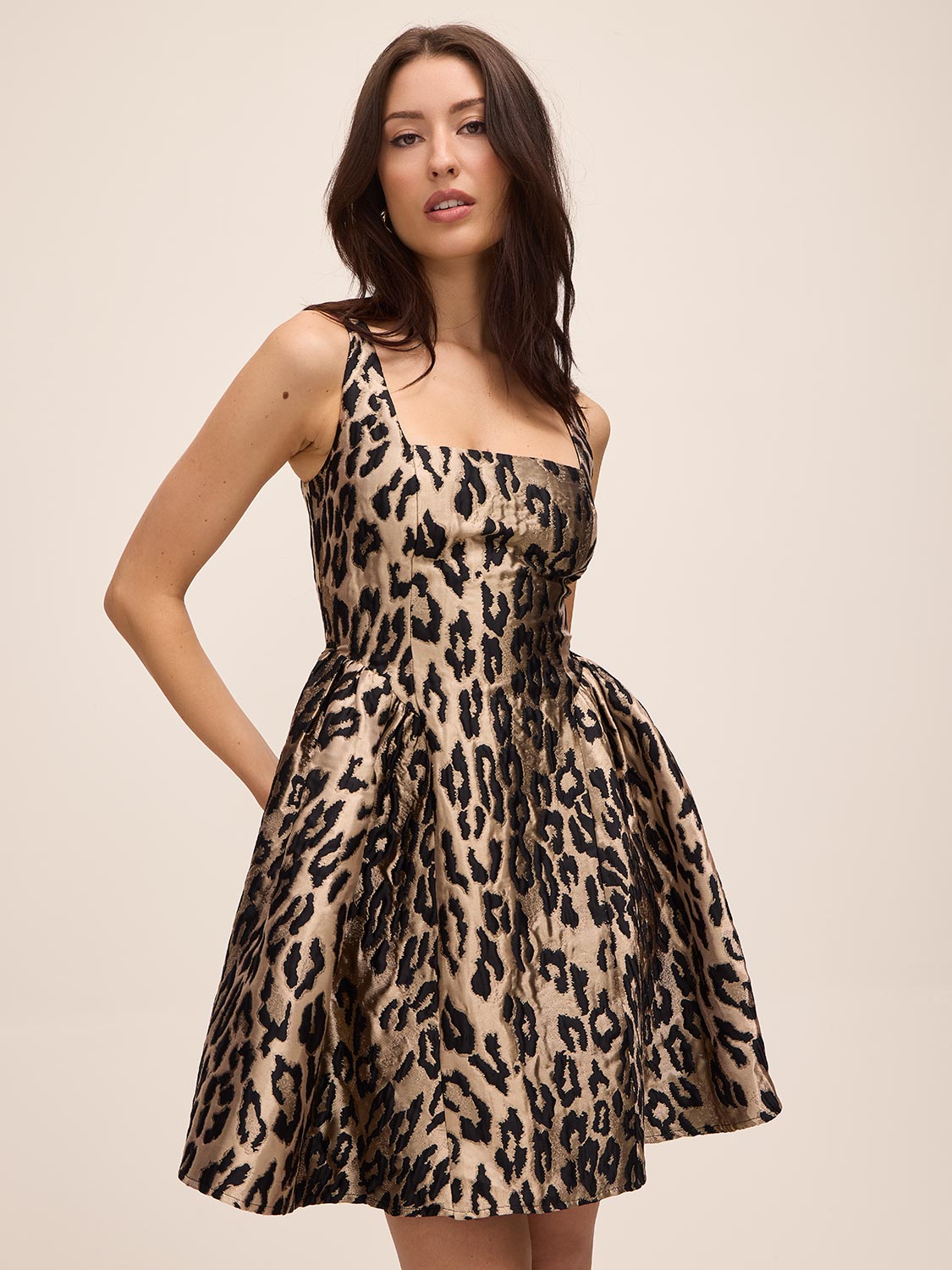 Antique Gold/Black Jacquard Animal Fit & Flare Mini Dress - Front View - Le Chateau