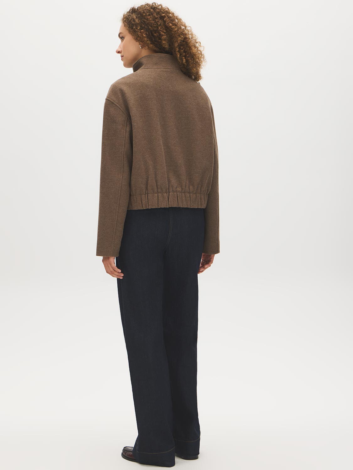 Brown Melange Faux Wool Short Funnel Neck Jacket - Back View - Suzy Shier