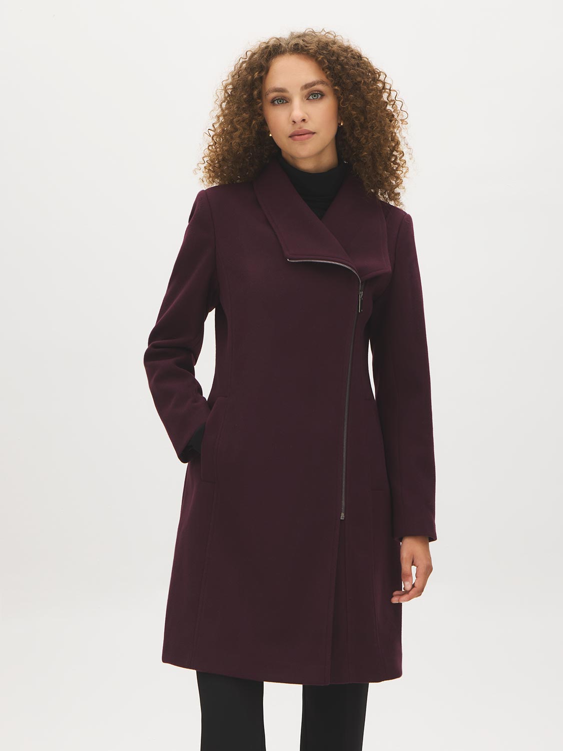 DK Burgundy Asymmetrical Zip Faux Wool Coat - Front View - Suzy Shier