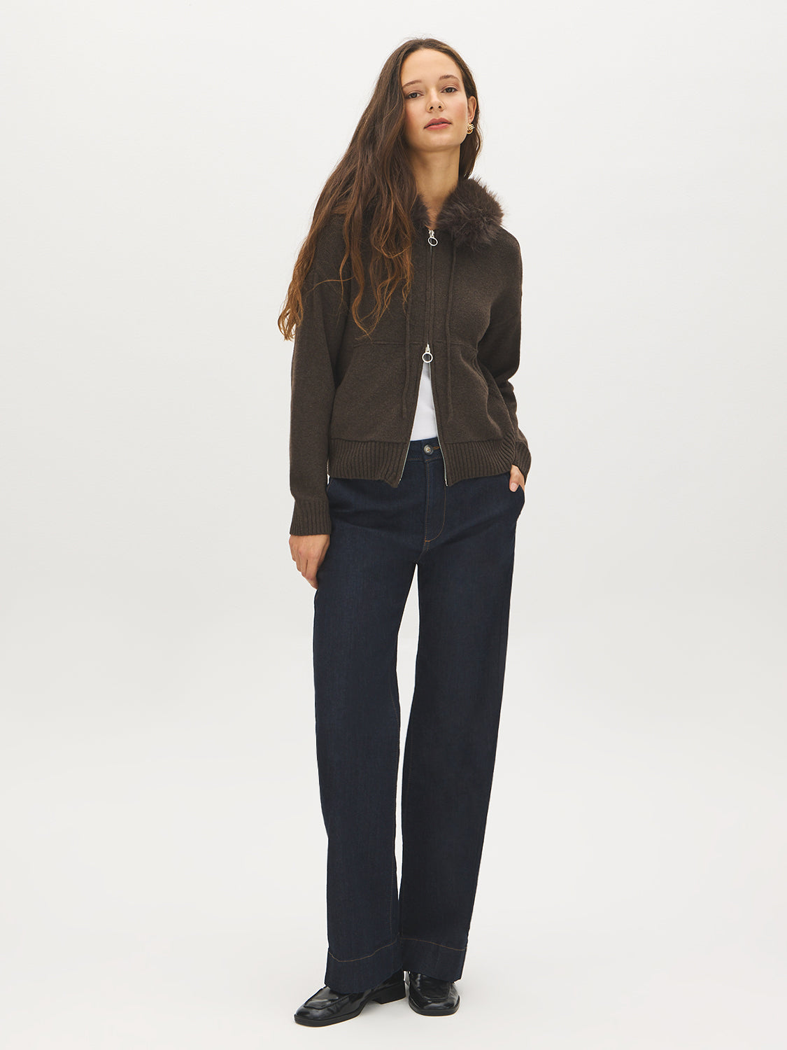 Chocolate Brown Hooded Sweater with Detachable Faux Fur Trim - Front View - Suzy Shier