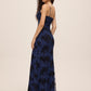 Midnight Blue Mesh Cowl Neck Gown with Floral Velvet Flocking - Back View - Le Chateau