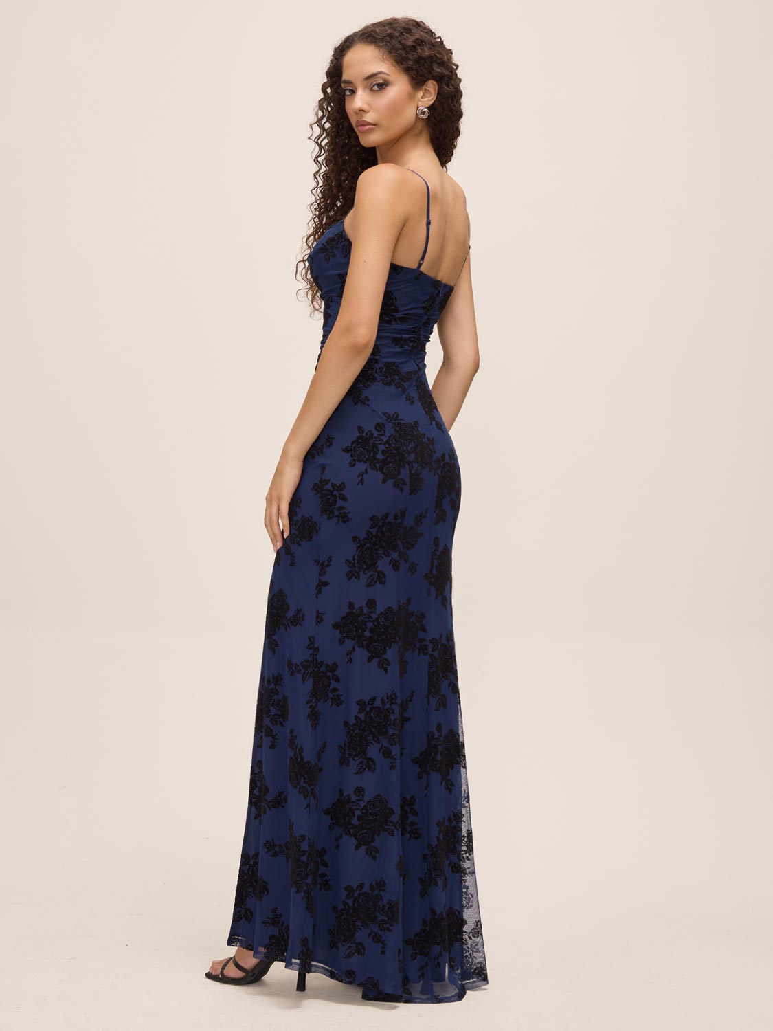 Midnight Blue Mesh Cowl Neck Gown with Floral Velvet Flocking - Back View - Le Chateau
