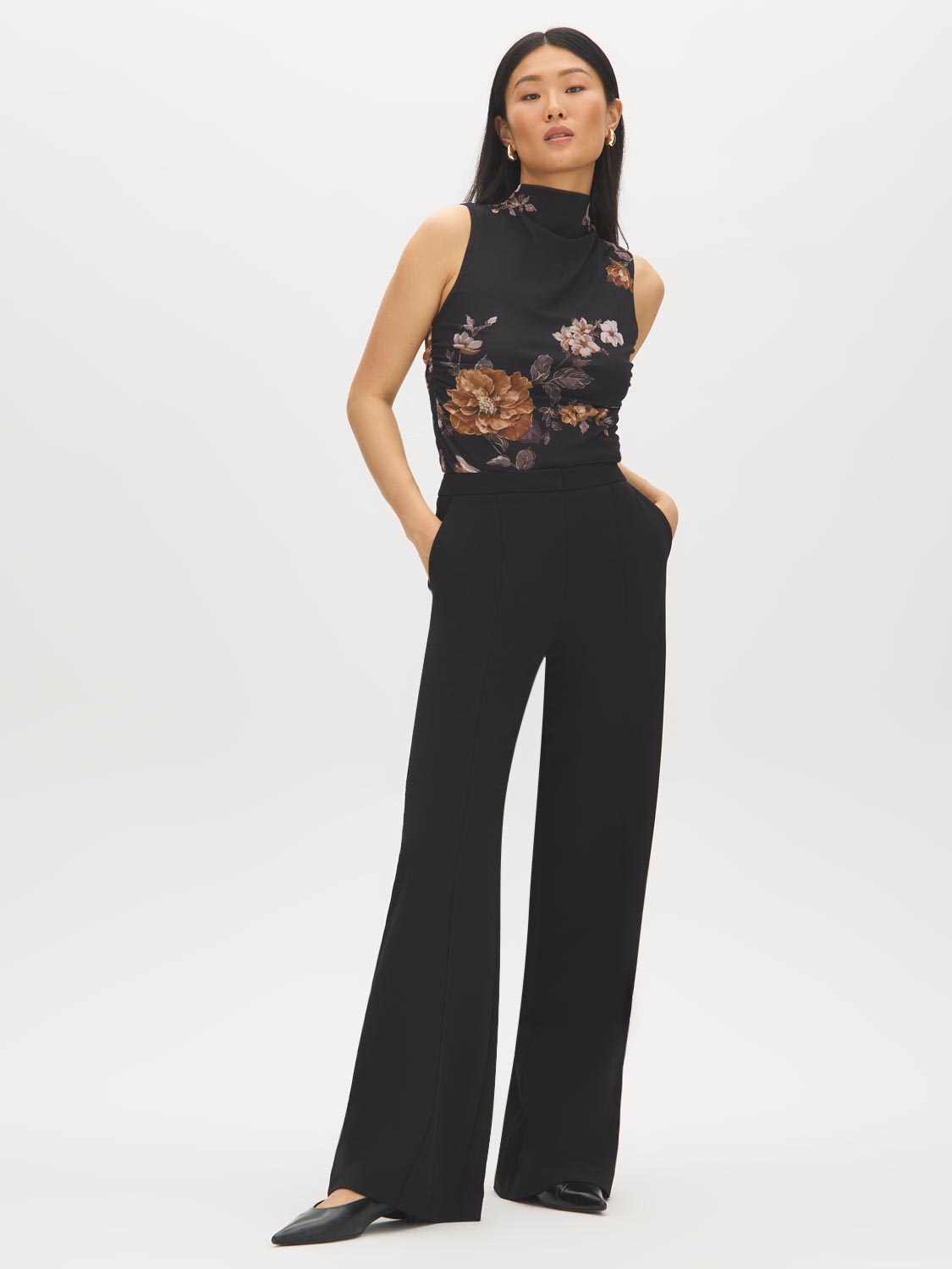 Black Pintuck Front Knit Pants - Woman Wearing Tailored Knit Trousers - Suzy Shier