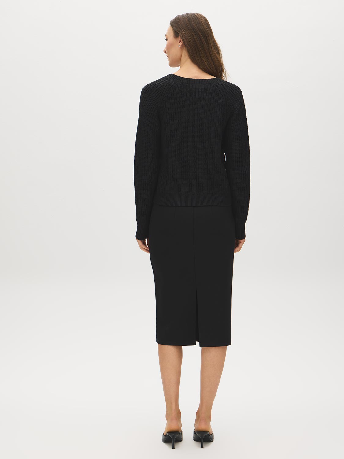 Black Lace Trim V-Neck Knit Sweater - Back View - Suzy Shier