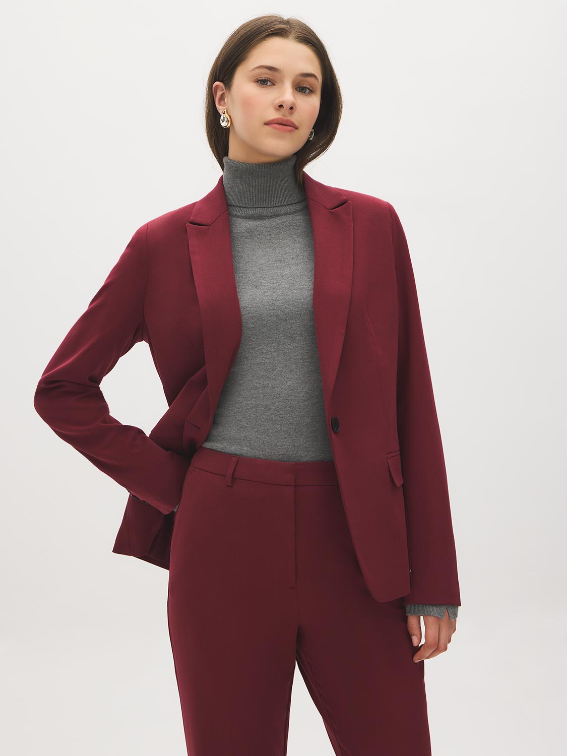 Zinfandel Single-Button Woven Blazer - Side Profile View - Suzy Shier