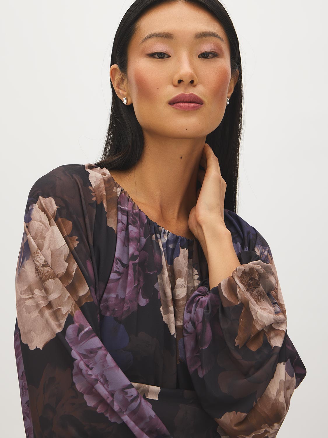 Prune Floral Mesh Bubble Top with Balloon Sleeves - Close-up Fabric Detail - Suzy Shier