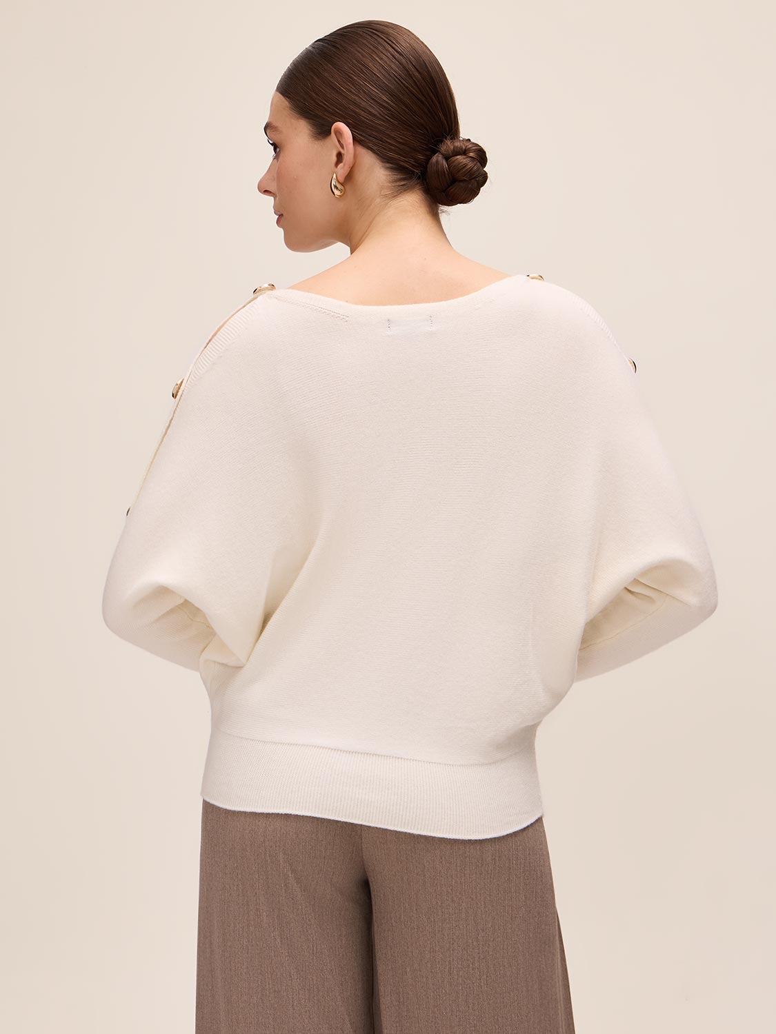 Off White Dolman Sleeve Sweater with Gold Buttons - Back View - Le Chateau