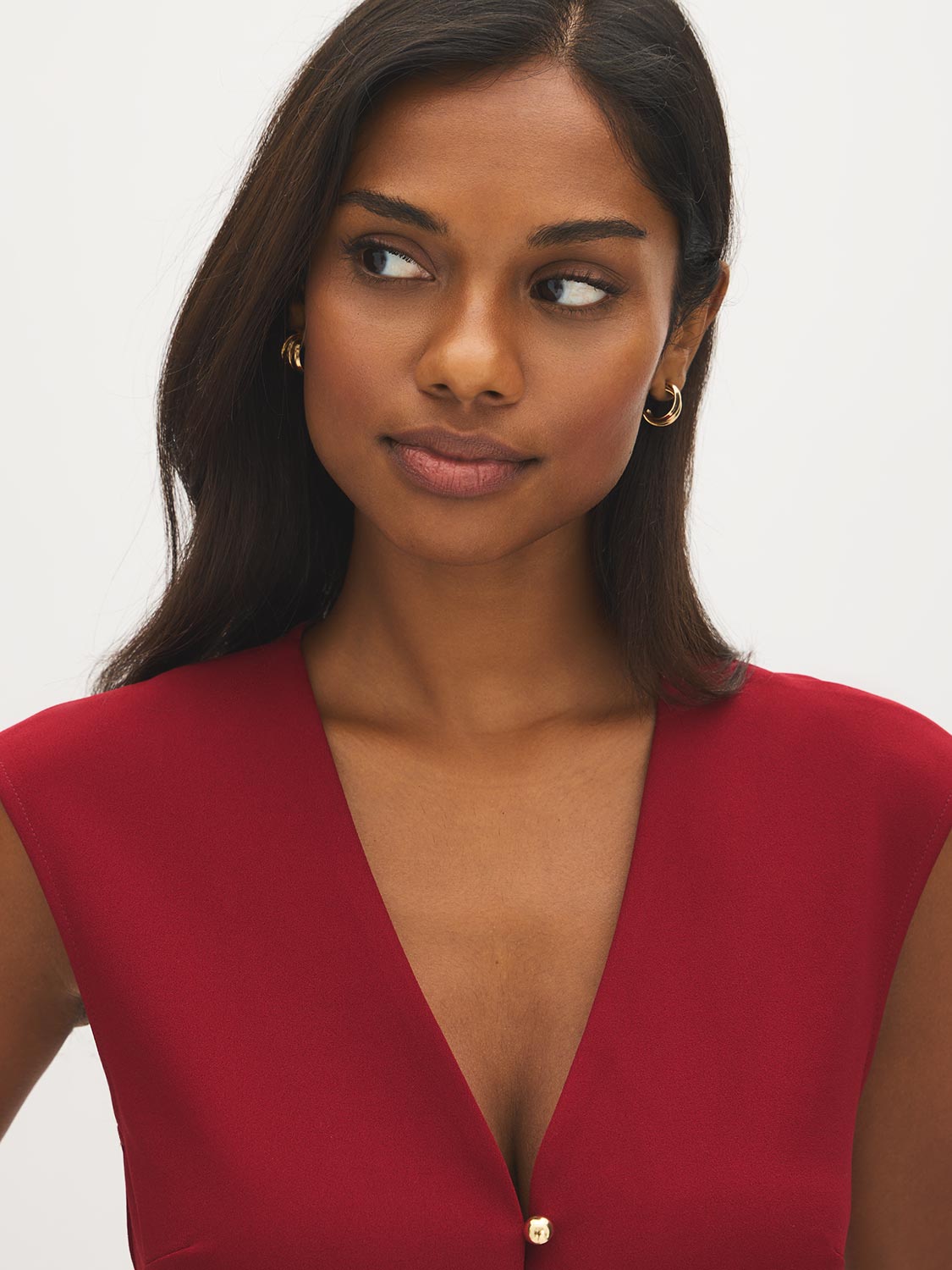 Red V-Neck Button-Front Knit Vest - Close-up Button Detail - Suzy Shier