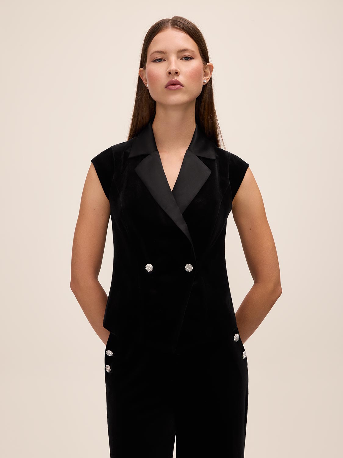 Black Tuxedo Velour Vest with Crystal Buttons - Woman Wearing Crystal-Embellished Formal Vest - Le Chateau