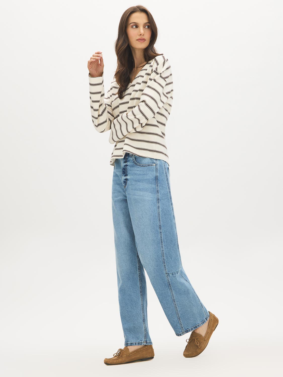 Winter White/Coffee Bean Striped V-Neck Boxy Jersey Top - Front View - Suzy Shier