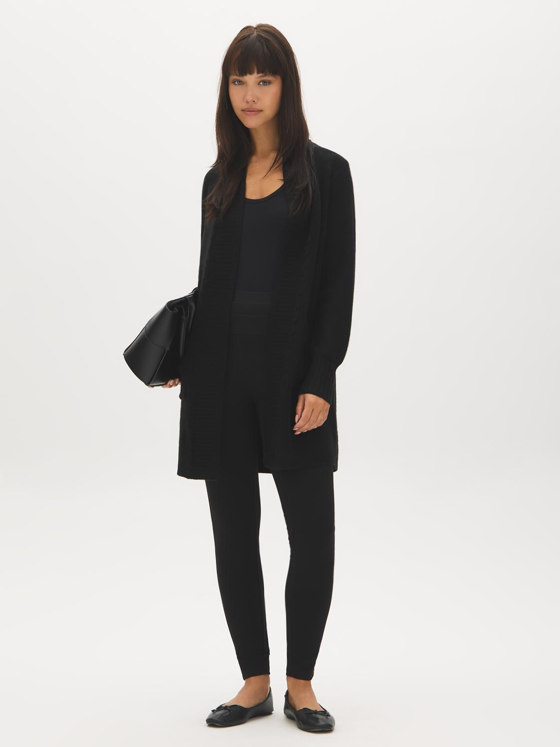Black Ribbed Knit Duster Sweater - Front View - Suzy Shier